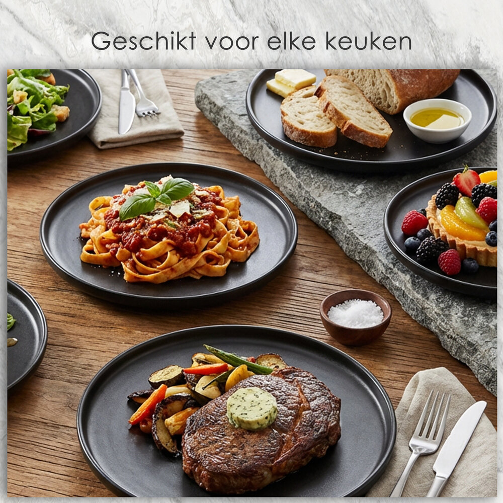 Discountershop Dinner Plate Set – Matte Black Plates 26.3 cm Ceramic – Round Dinner Plates with Raised Edge – Tableware for Hospitality, Restaurants