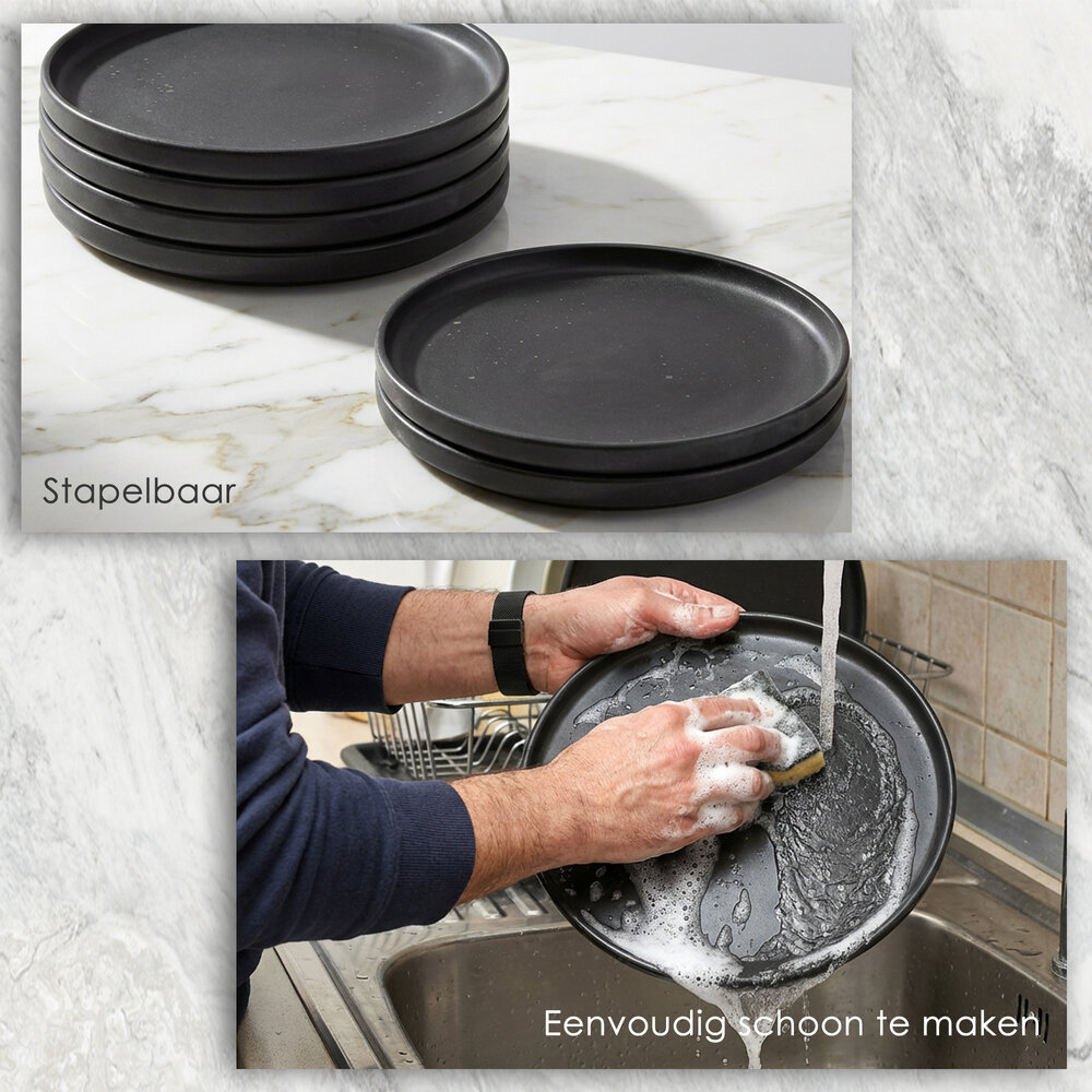 Discountershop Dinerborden Set – Mat Zwarte Borden 26,3 cm Keramiek – Ronde Diner Borden met Opstaande Rand – Servies voor Horeca, Restaurants