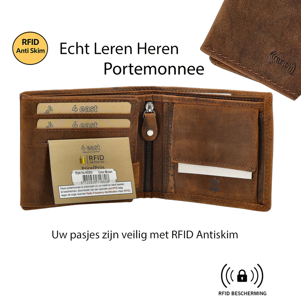 4 East Leather Billfold Wallet Men RFID – Card Holder with Coin Pocket, Anti-Skim Wallet for Cards, Cash and Coins