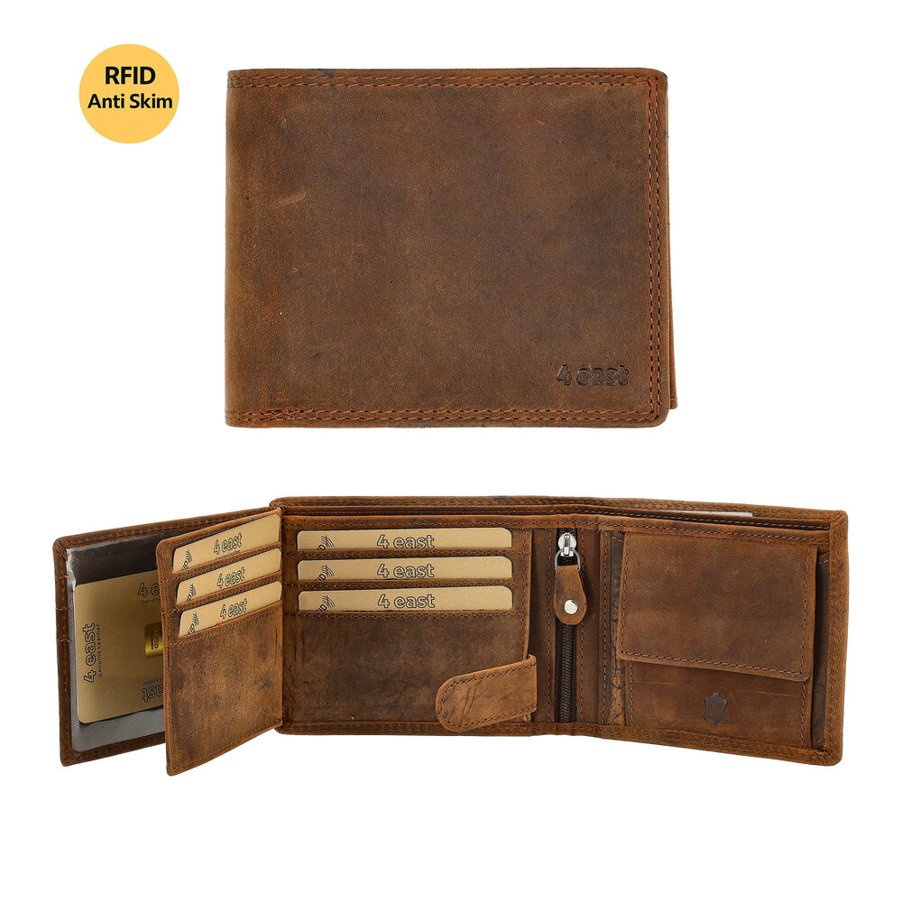 4 East Leather Billfold Wallet Men RFID – Card Holder with Coin Pocket, Anti-Skim Wallet for Cards, Cash and Coins
