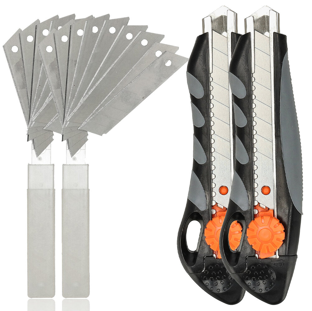 Discountershop 18mm Snap-Off Utility Knife Set (2 pcs) with 20 Spare Blades – Safety Lock Box Cutter for Moving, Warehouse & Carton Cutting