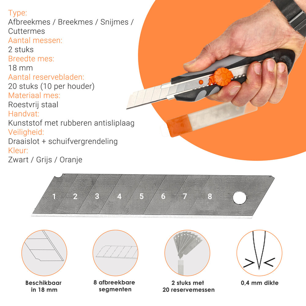 Discountershop 18mm Snap-Off Utility Knife Set (2 pcs) with 20 Spare Blades – Safety Lock Box Cutter for Moving, Warehouse & Carton Cutting
