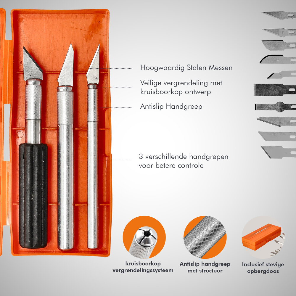 Discountershop Hobbymes Set 16-delig – Precisie Scalpelmessen met 3 Handgrepen en 13 Verwisselbare Mesjes voor Modelbouw en Hobby