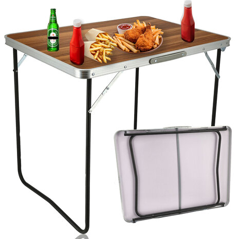 Discountershop Klaptafel 80x60 cm – Inklapbare Campingtafel met Houtlook – Opvouwbare Tuintafel met Handvat voor 1-2 Personen