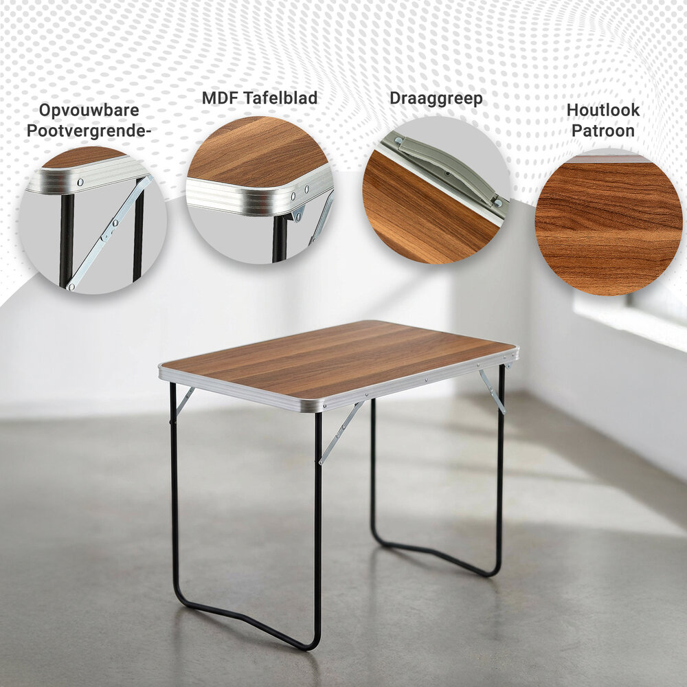 Discountershop Klaptafel 80x60 cm – Inklapbare Campingtafel met Houtlook – Opvouwbare Tuintafel met Handvat voor 1-2 Personen