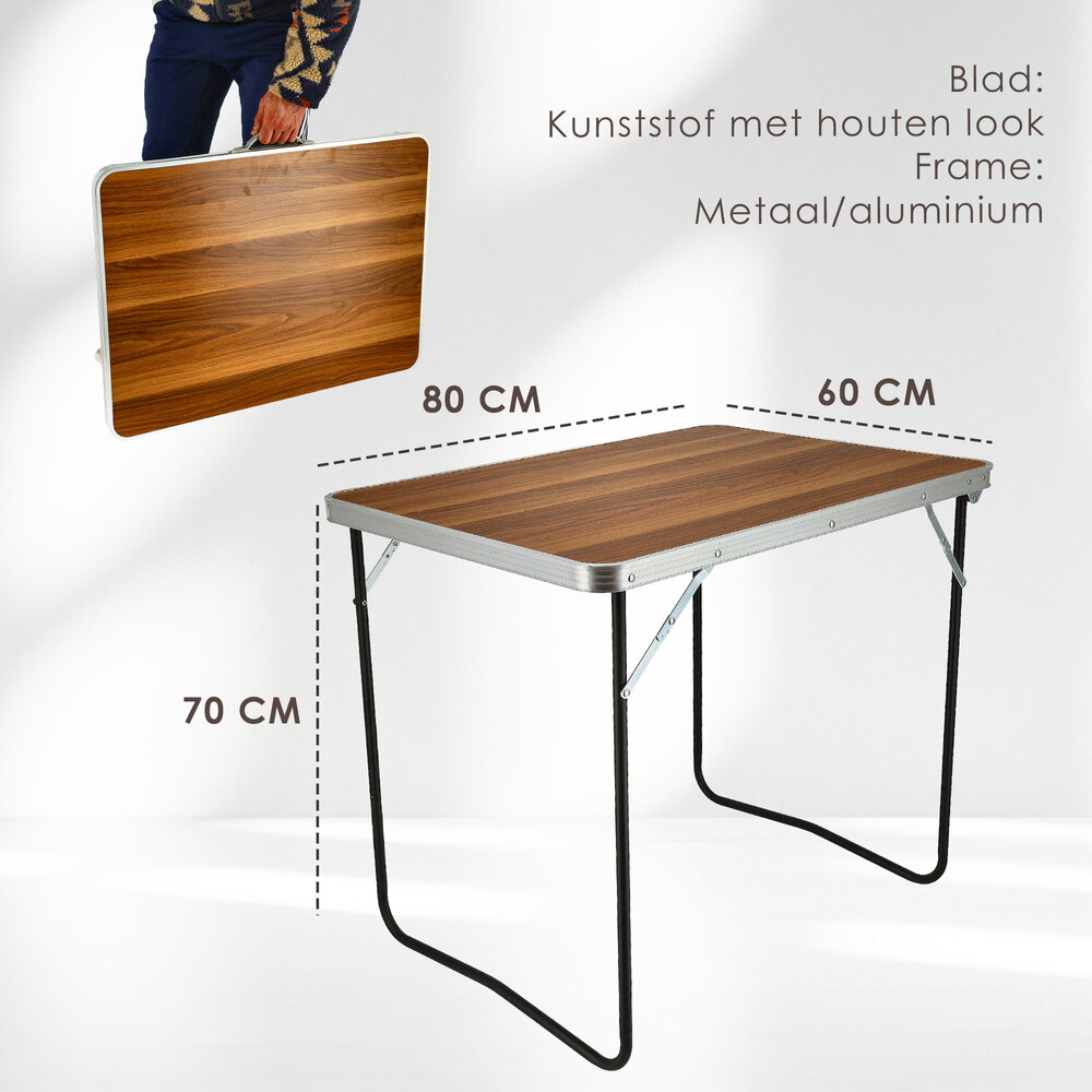 Discountershop Klaptafel 80x60 cm – Inklapbare Campingtafel met Houtlook – Opvouwbare Tuintafel met Handvat voor 1-2 Personen
