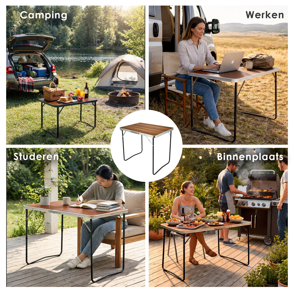 Discountershop Folding Table 80x60 cm – Foldable Camping Table with Wood Look – Portable Garden Table with Handle for 1-2 People