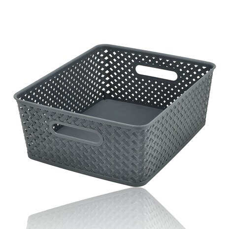 Discountershop Grey Storage Basket – ±12L Plastic Storage Baskets – Wicker-Style Baskets with Handles – Multi-Purpose Closet Organizer for Storage