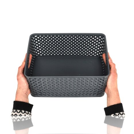 Discountershop Opbergmand Grijs – ±12 Liter Kunststof Opbergmanden - Mandjes Riet met Handgrepen – Multifunctionele Kast Organizer Voor Opslag