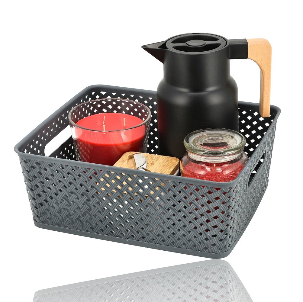Discountershop Grey Storage Basket – ±12L Plastic Storage Baskets – Wicker-Style Baskets with Handles – Multi-Purpose Closet Organizer for Storage
