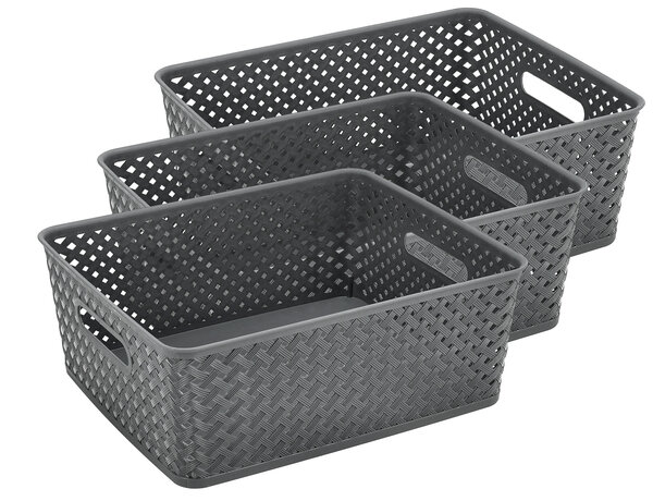Discountershop Grey Storage Basket – ±12L Plastic Storage Baskets – Wicker-Style Baskets with Handles – Multi-Purpose Closet Organizer for Storage