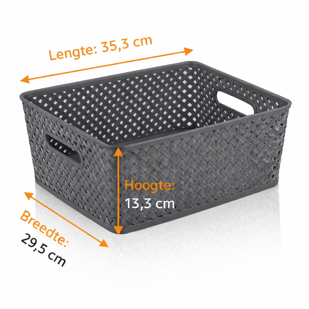 Discountershop Grey Storage Basket – ±12L Plastic Storage Baskets – Wicker-Style Baskets with Handles – Multi-Purpose Closet Organizer for Storage