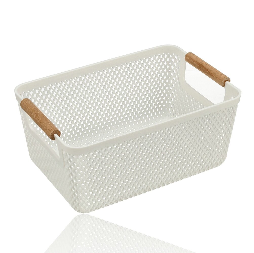 Discountershop Storage Basket with Wooden Handle – 6L Plastic Storage Basket – Kitchen Cabinet Organizer, Closet Organizer, Toy Storage Basket Kids Room