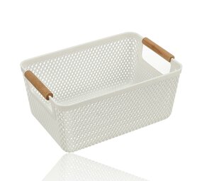 Discountershop Opbergmand met Houten Handvat – 6L Kunststof Opbergmand – Keukenkast Organizer, Kledingkast Organizer, Opbergmand Speelgoed Kinderkamer