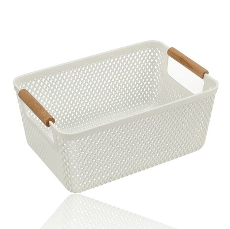 Discountershop Storage Basket with Wooden Handle – 6L Plastic Storage Basket – Kitchen Cabinet Organizer, Closet Organizer, Toy Storage Basket Kids Room