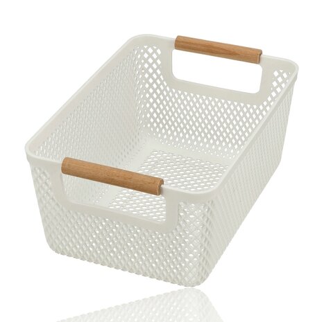 Discountershop Storage Basket with Wooden Handle – 6L Plastic Storage Basket – Kitchen Cabinet Organizer, Closet Organizer, Toy Storage Basket Kids Room