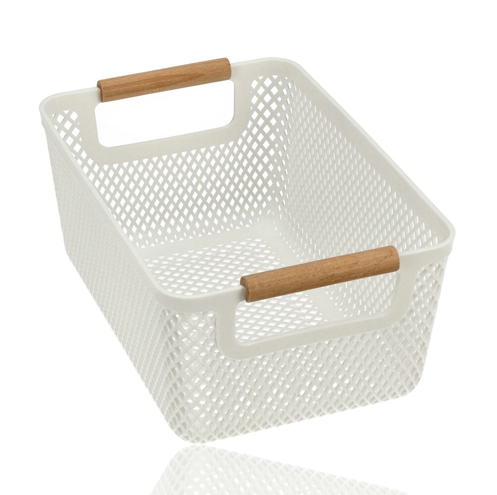 Discountershop Storage Basket with Wooden Handle – 6L Plastic Storage Basket – Kitchen Cabinet Organizer, Closet Organizer, Toy Storage Basket Kids Room