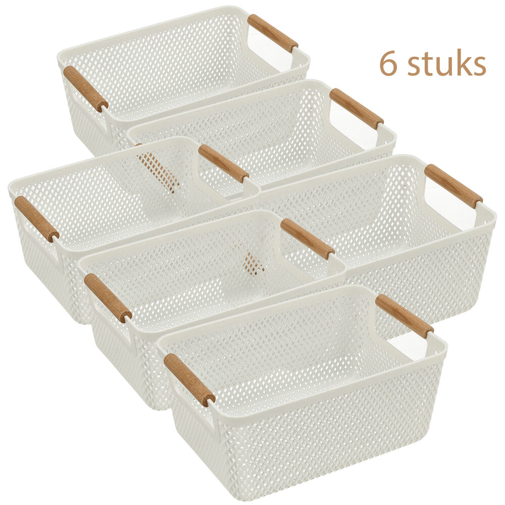 Discountershop Opbergmand met Houten Handvat – 6L Kunststof Opbergmand – Keukenkast Organizer, Kledingkast Organizer, Opbergmand Speelgoed Kinderkamer