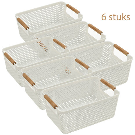 Discountershop Opbergmand met Houten Handvat – 6L Kunststof Opbergmand – Keukenkast Organizer, Kledingkast Organizer, Opbergmand Speelgoed Kinderkamer