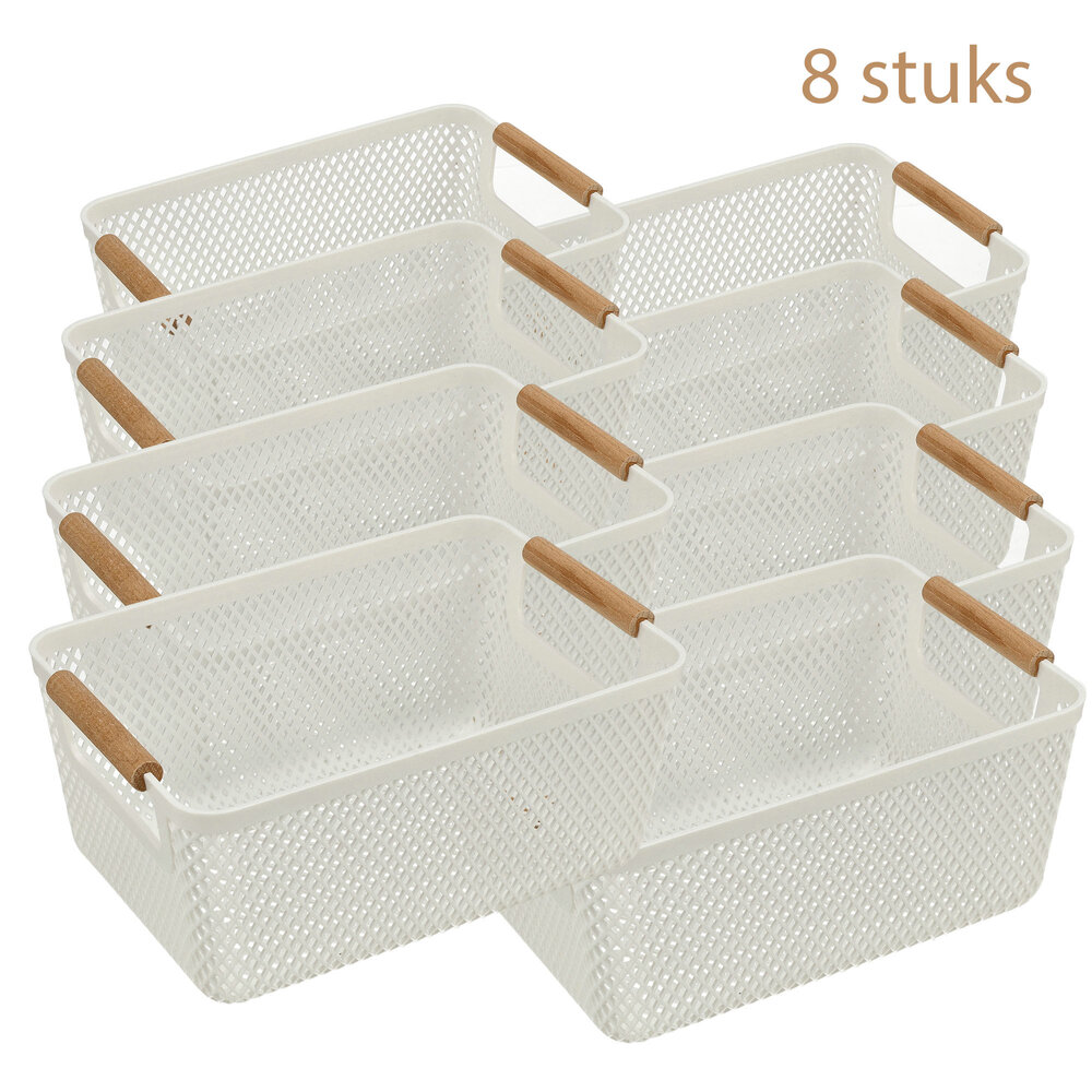 Discountershop Opbergmand met Houten Handvat – 6L Kunststof Opbergmand – Keukenkast Organizer, Kledingkast Organizer, Opbergmand Speelgoed Kinderkamer