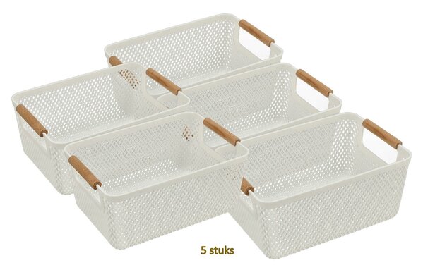 Discountershop Opbergmand met Houten Handvat – 6L Kunststof Opbergmand – Keukenkast Organizer, Kledingkast Organizer, Opbergmand Speelgoed Kinderkamer