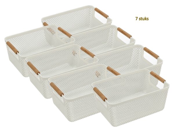 Discountershop Opbergmand met Houten Handvat – 6L Kunststof Opbergmand – Keukenkast Organizer, Kledingkast Organizer, Opbergmand Speelgoed Kinderkamer