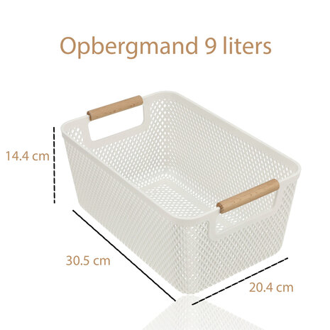 Discountershop Opbergmand met Houten Handvat – 9L Kunststof Opbergmand voor Keuken, Kast en Kinderkamer – Organizer voor Speelgoed en Voorraad