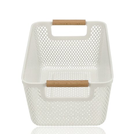 Discountershop Opbergmand met Houten Handvat – 9L Kunststof Opbergmand voor Keuken, Kast en Kinderkamer – Organizer voor Speelgoed en Voorraad