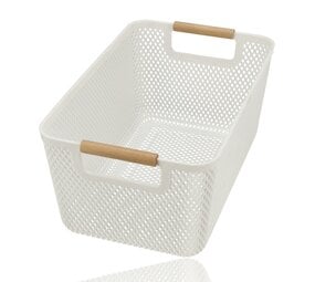 Discountershop Storage Basket with Wooden Handle – 12L Plastic Storage Basket for Kitchen, Closet and Kids Room – Multifunctional Organizer for Storage