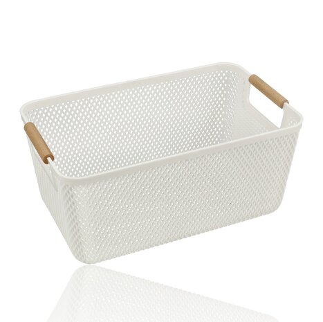 Discountershop Storage Basket with Wooden Handle – 12L Plastic Storage Basket for Kitchen, Closet and Kids Room – Multifunctional Organizer for Storage