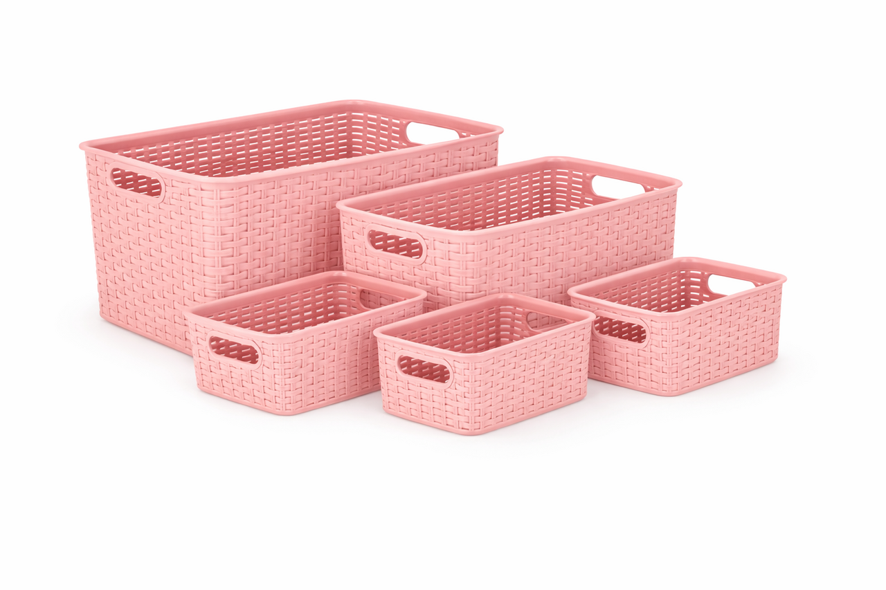 Discountershop Storage Basket Set (5-Piece) – 28.5L, 18L, 12L, 10L and 6L – Wicker-Style Storage Boxes – Closet Organizer, Kids Room and Kitchen Cabinet Organizer
