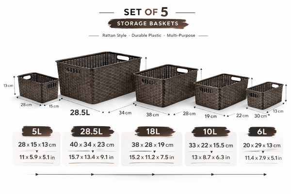 Discountershop Storage Basket Set (5-Piece) – 28.5L, 18L, 12L, 10L and 6L – Wicker-Style Storage Boxes – Closet Organizer, Kids Room and Kitchen Cabinet Organizer