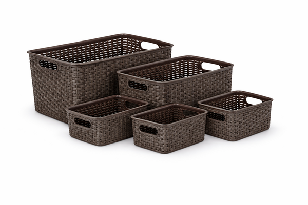 Discountershop Storage Basket Set (5-Piece) – 28.5L, 18L, 12L, 10L and 6L – Wicker-Style Storage Boxes – Closet Organizer, Kids Room and Kitchen Cabinet Organizer
