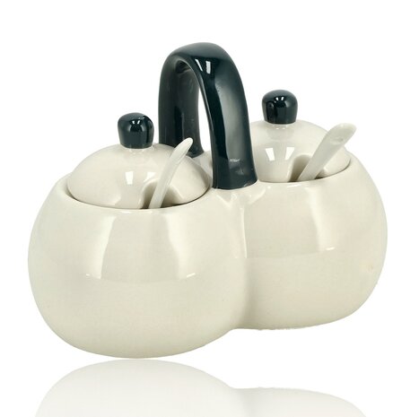 Discountershop Suikerpotjes Keramisch met Lepels en Deksel – Suikerpot met Lepel 2 Vakken – Kruidenpot / Specerijenpot – Voor Suiker, Kruiden & Keuken – 16 x 9 x 13 cm