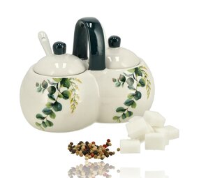 Discountershop Suikerpotjes Keramisch met Lepels en Deksel – Suikerpot met Lepel 2 Vakken – Kruidenpot / Specerijenpot – Voor Suiker, Kruiden & Keuken – 16 x 9 x 13 cm