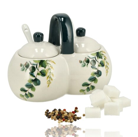 Discountershop Suikerpotjes Keramisch met Lepels en Deksel – Suikerpot met Lepel 2 Vakken – Kruidenpot / Specerijenpot – Voor Suiker, Kruiden & Keuken – 16 x 9 x 13 cm