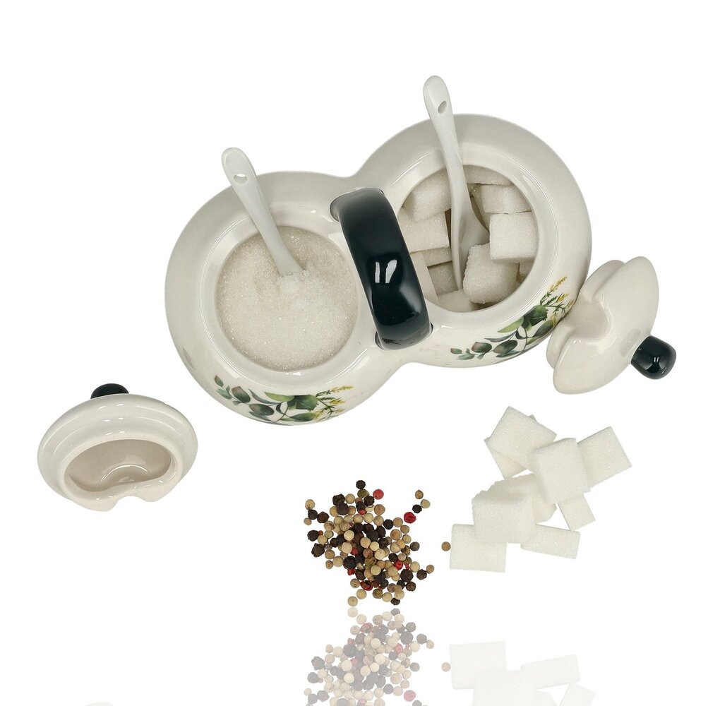 Discountershop Suikerpotjes Keramisch met Lepels en Deksel – Suikerpot met Lepel 2 Vakken – Kruidenpot / Specerijenpot – Voor Suiker, Kruiden & Keuken – 16 x 9 x 13 cm