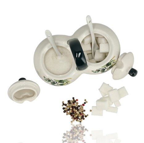 Discountershop Suikerpotjes Keramisch met Lepels en Deksel – Suikerpot met Lepel 2 Vakken – Kruidenpot / Specerijenpot – Voor Suiker, Kruiden & Keuken – 16 x 9 x 13 cm