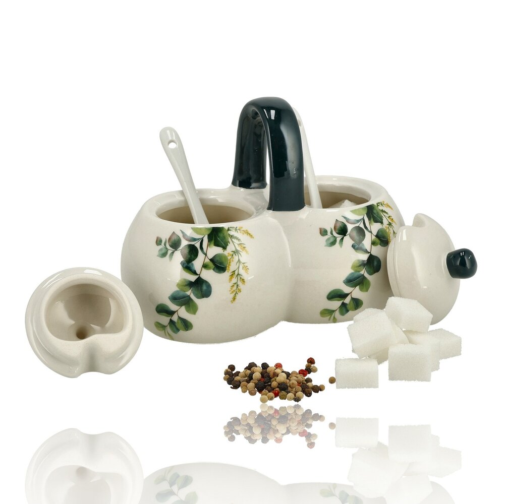 Discountershop Suikerpotjes Keramisch met Lepels en Deksel – Suikerpot met Lepel 2 Vakken – Kruidenpot / Specerijenpot – Voor Suiker, Kruiden & Keuken – 16 x 9 x 13 cm