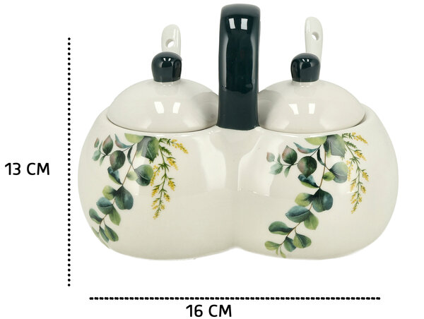 Discountershop Suikerpotjes Keramisch met Lepels en Deksel – Suikerpot met Lepel 2 Vakken – Kruidenpot / Specerijenpot – Voor Suiker, Kruiden & Keuken – 16 x 9 x 13 cm