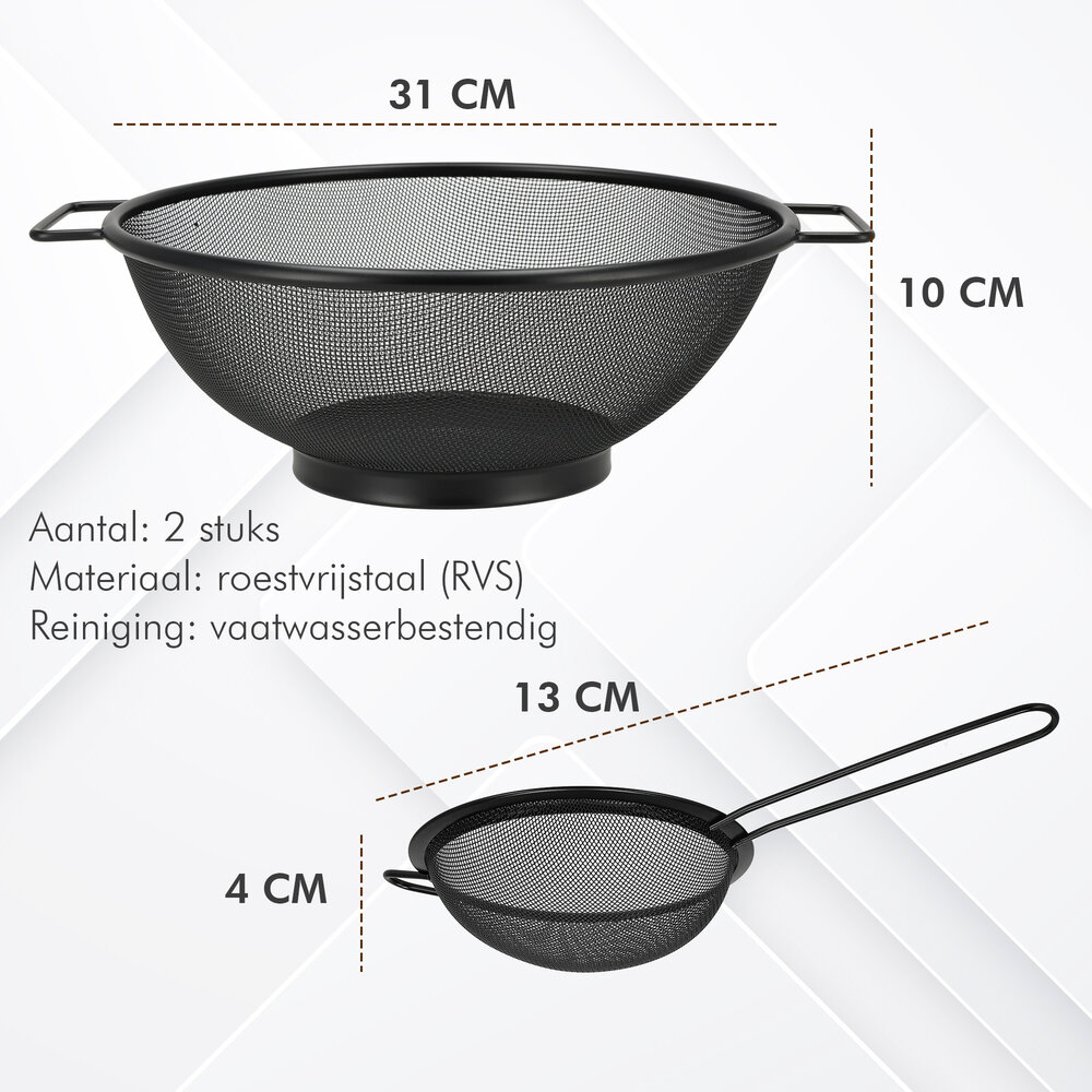Discountershop Colander and Strainer Set – Stainless Steel Ø31 cm with Handles + Strainer Ø13 cm – Set of 2 Stainless Steel Kitchen Tools for Pasta, Rice, Vegetables & Tea