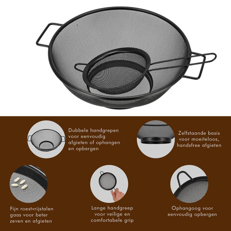 Discountershop Colander and Strainer Set – Stainless Steel Ø31 cm with Handles + Strainer Ø13 cm – Set of 2 Stainless Steel Kitchen Tools for Pasta, Rice, Vegetables & Tea