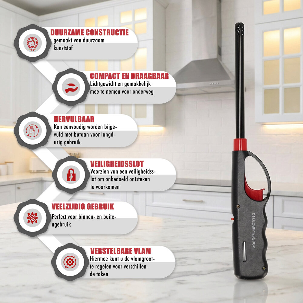 Discountershop Best BBQ Lighter 27cm Windproof – Long Refillable Gas Lighter with Child Safety for BBQ, Candles & Fireplace