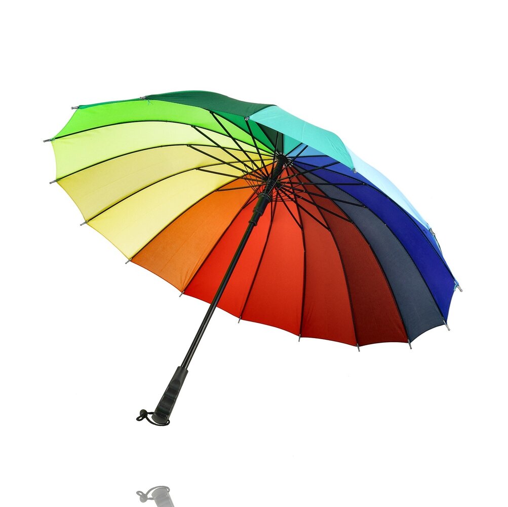 Discountershop Paraplu Regenboog Kleuren – Grote Lange Paraplu Ø98 cm – Regenboogparaplu 16 Ribben – Waterdichte Regen Paraplu voor Heren, Dames & Kinderen