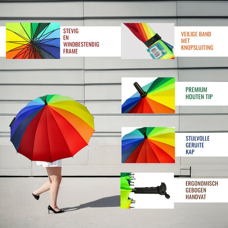 Discountershop Paraplu Regenboog Kleuren – Grote Lange Paraplu Ø98 cm – Regenboogparaplu 16 Ribben – Waterdichte Regen Paraplu voor Heren, Dames & Kinderen