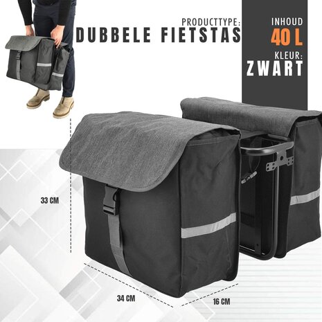 Discountershop Dubbele Fietstas Zwart - 40 Liter – Pakafstas Waterafstotend – Universele Bevestiging - Fietstas Achterdrager