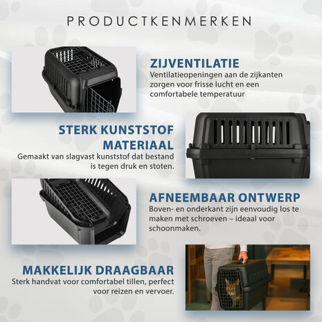 Discountershop Kattenbench / Hondenbench Klein 50x35x34 cm – Transportbox Kat & Kleine Hond tot 5kg – Draagbare Vervoersbox – Demontabele Reismand Kunststof