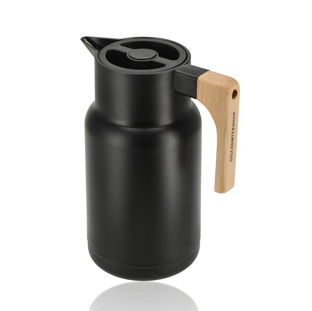 Discountershop Thermoskan 1 Liter RVS – Dubbelwandige Isoleerkan voor Koffie & Thee – Koffiekan met Houten Handvat – Thermosfles Keukenaccessoires