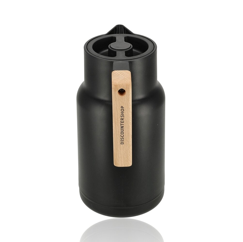 Discountershop Thermoskan 1 Liter RVS – Dubbelwandige Isoleerkan voor Koffie & Thee – Koffiekan met Houten Handvat – Thermosfles Keukenaccessoires