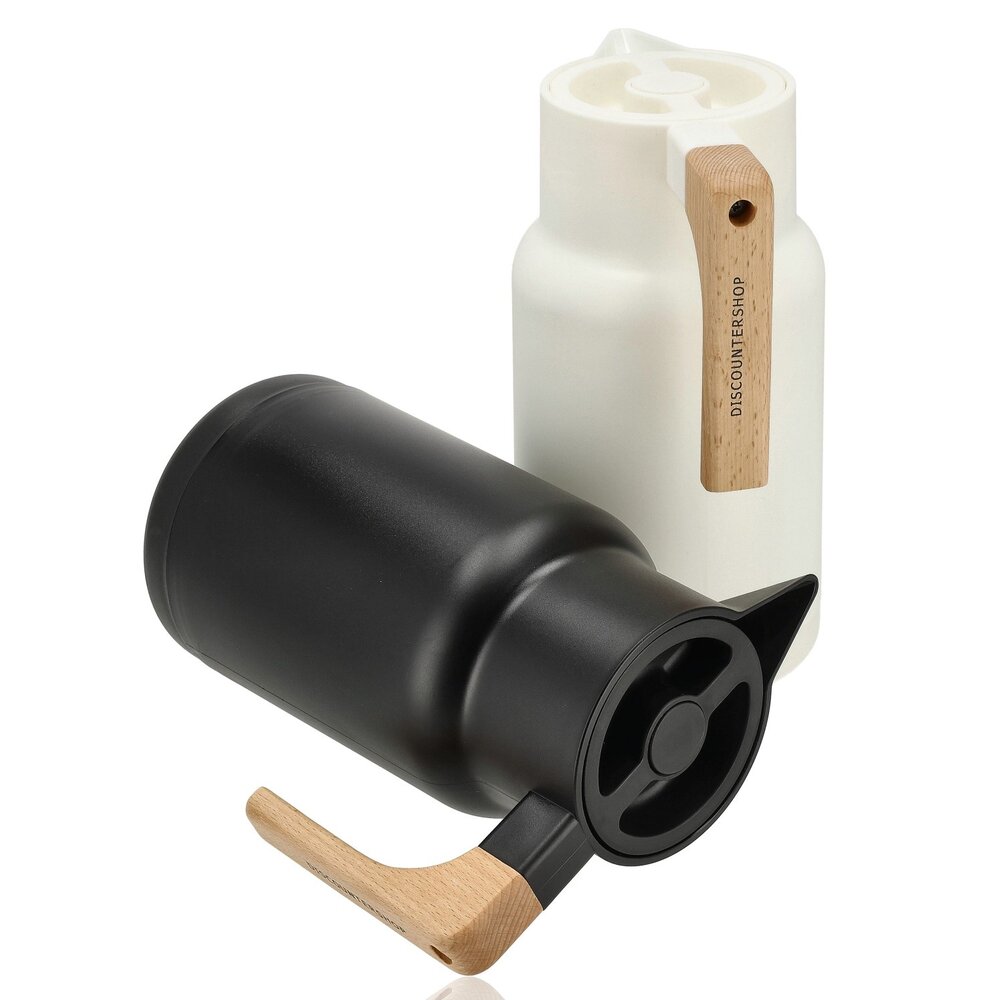 Discountershop Thermoskan 1 Liter RVS – Dubbelwandige Isoleerkan voor Koffie & Thee – Koffiekan met Houten Handvat – Thermosfles Keukenaccessoires